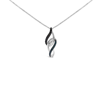 White metal necklace with a pendant featuring intertwining loops set with white, blue, and black round gemstones, shown in a front-facing close-up shot.