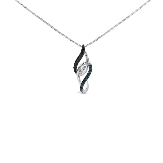 White metal necklace with a pendant featuring intertwining loops set with white, blue, and black round gemstones, shown in a front-facing close-up shot.