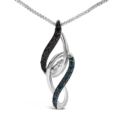 White metal necklace with an abstract twisted pendant featuring round white, blue, and black gemstones in prong and shared prong settings, shown in a front-facing close-up.