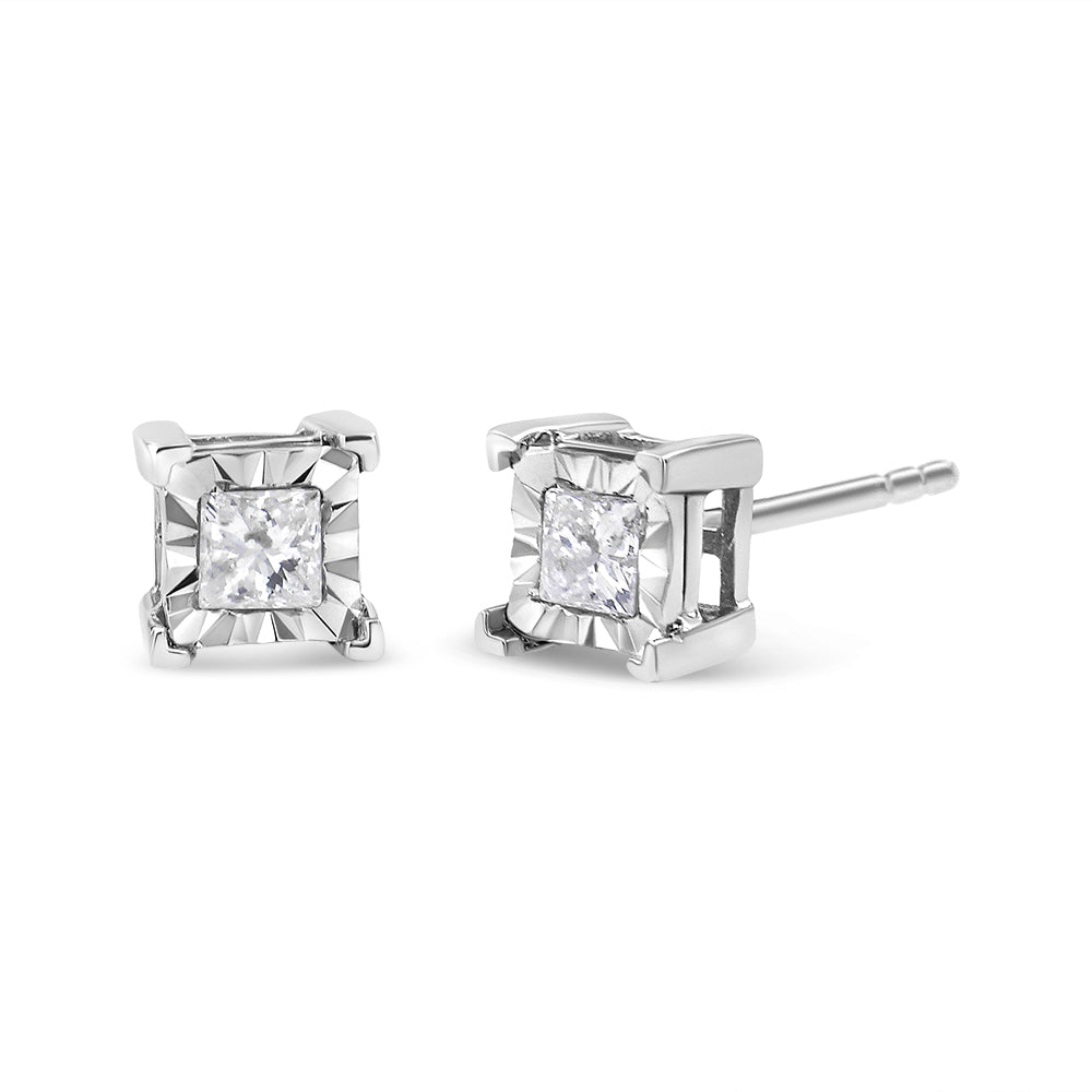 Pair of white metal stud earrings with square-shaped white gemstones in a miracle setting, shown from a front and side angle.