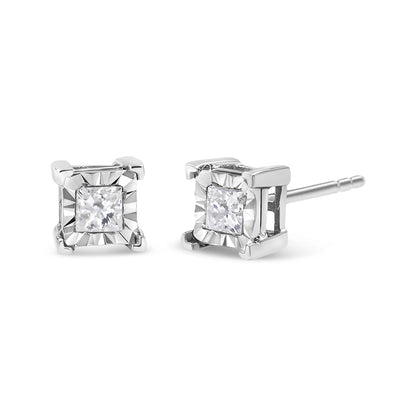 Pair of white metal stud earrings with square-shaped white gemstones in a miracle setting, shown from a front and side angle.