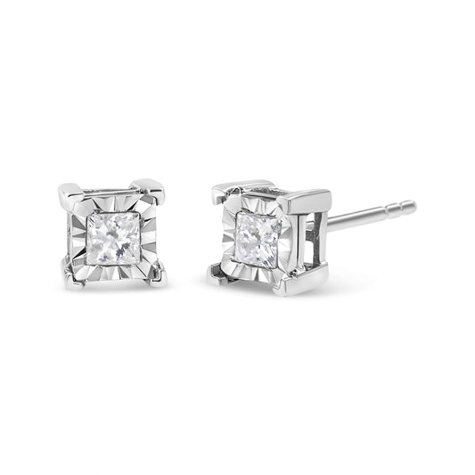 Pair of white metal stud earrings with square-shaped white gemstones in a miracle setting, shown from a front and side angle.