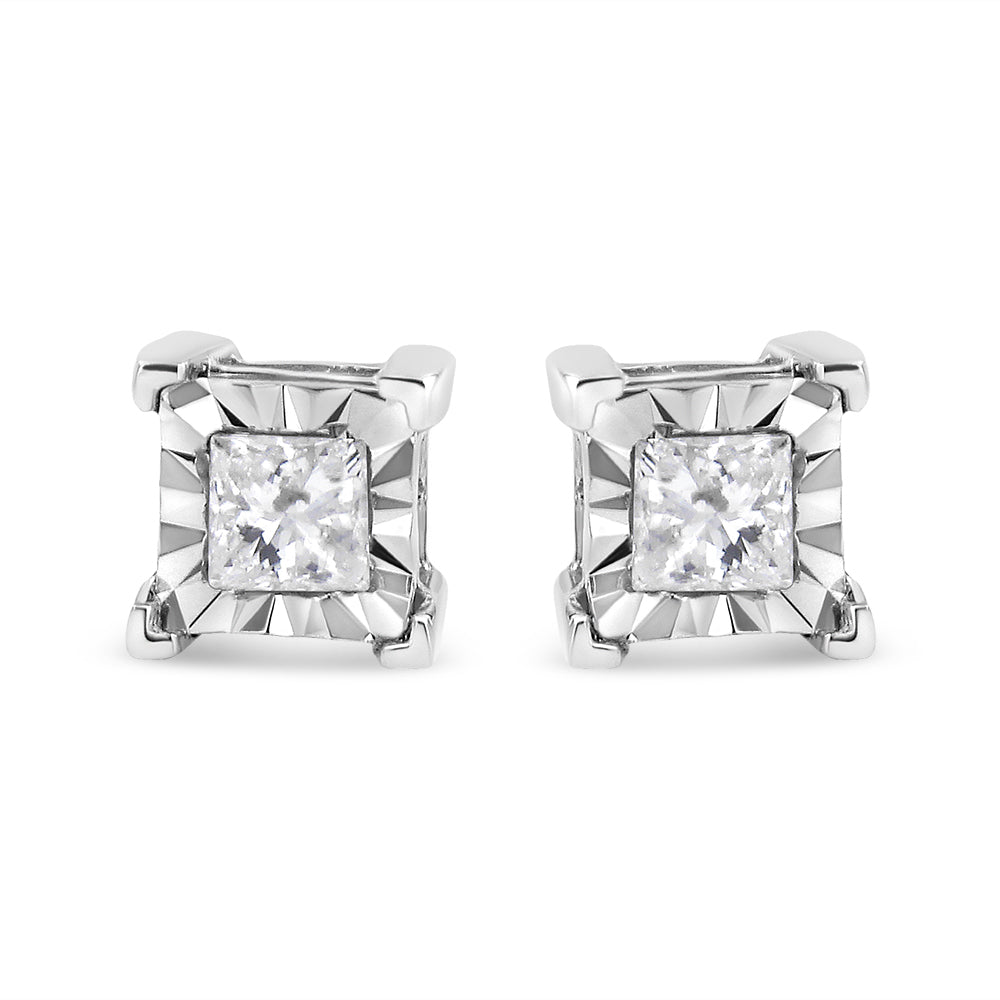 Front view of white metal stud earrings with square white gemstones in a starburst setting.