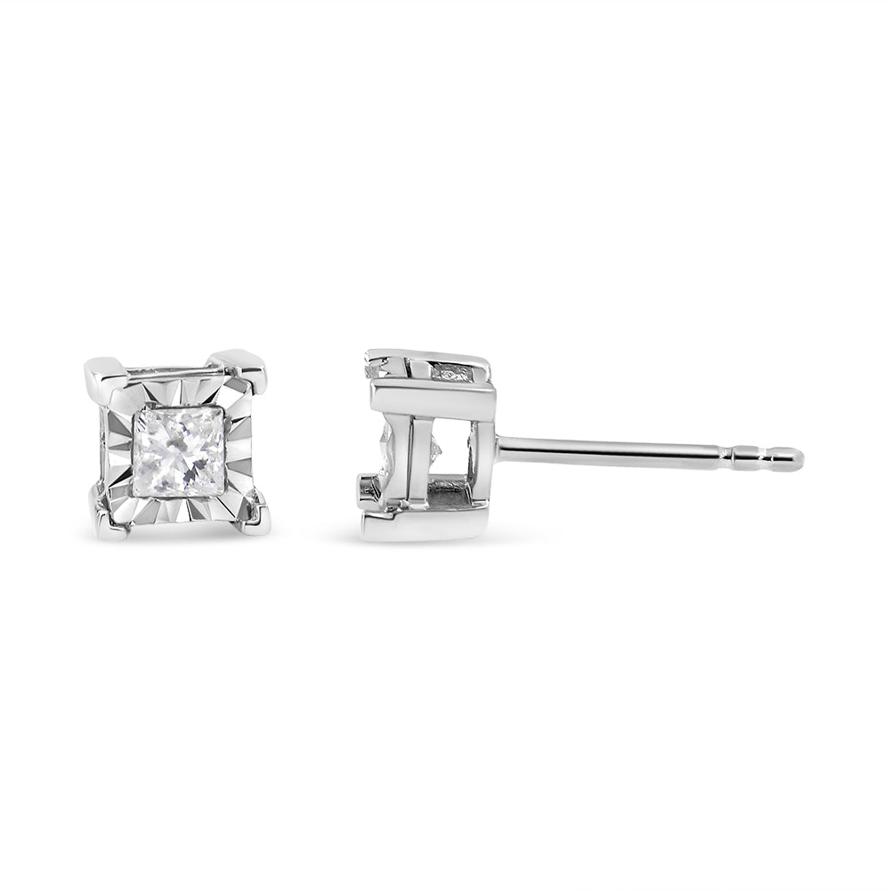 Pair of white metal stud earrings with square-shaped white gemstones in a miracle setting, shown from front and side angles.
