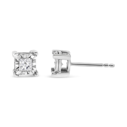 Pair of white metal stud earrings with square-shaped white gemstones in a miracle setting, shown from front and side angles.