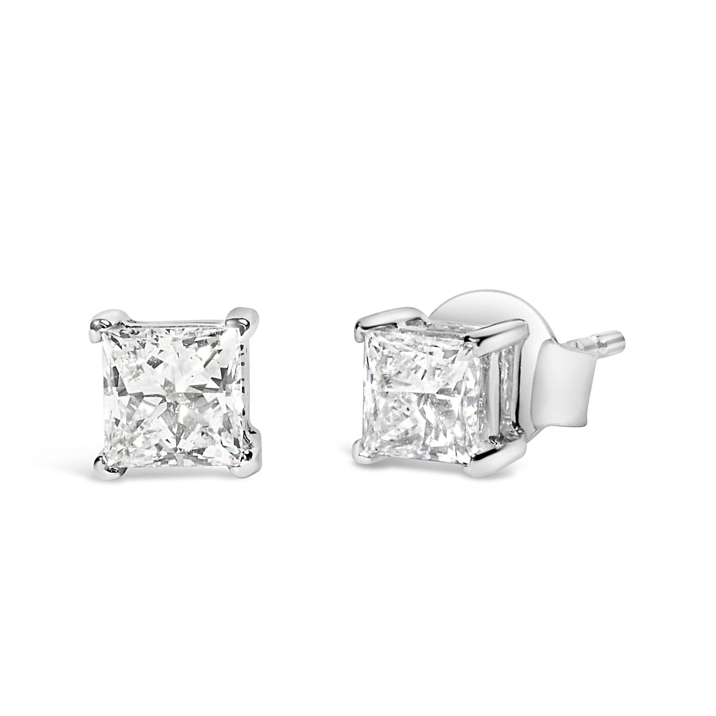Pair of white metal stud earrings with square-shaped white gemstones in prong settings, shown from the front and side angles.