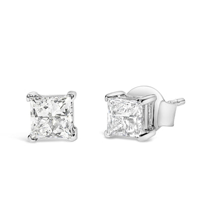 Pair of white metal stud earrings with square-shaped white gemstones in prong settings, shown from the front and side angles.
