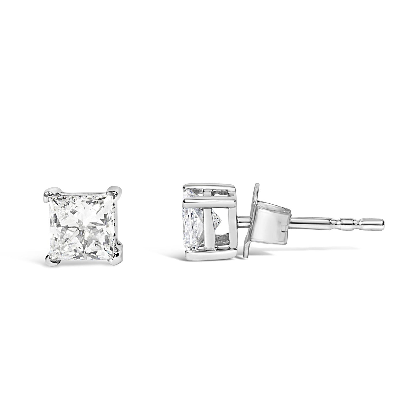 Front and side view of white metal stud earrings with prong-set princess-shaped white gemstones, shown on a white background.