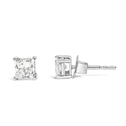 Front and side view of white metal stud earrings with prong-set princess-shaped white gemstones, shown on a white background.