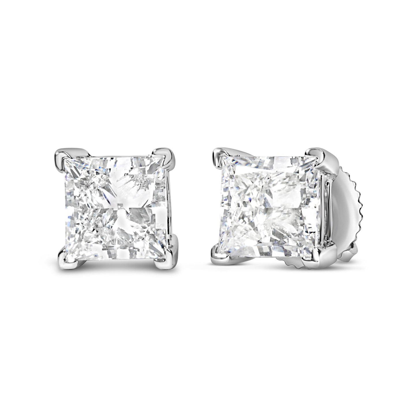 Close-up front and angled side view of white metal stud earrings with square-shaped white gemstones held by four prongs.