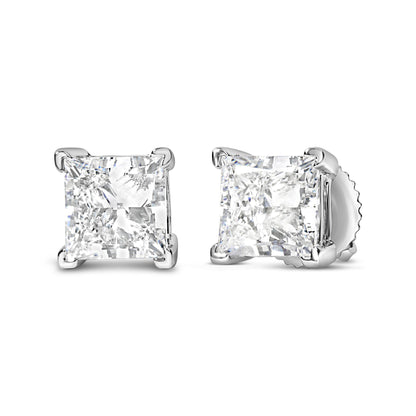 Close-up front and angled side view of white metal stud earrings with square-shaped white gemstones held by four prongs.