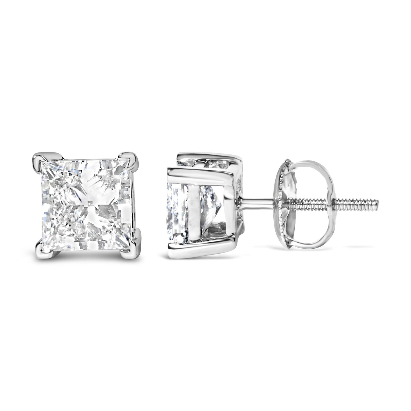 Close-up image of white metal stud earrings with princess-shaped white gemstones in four-prong settings, shown from front and side angles.