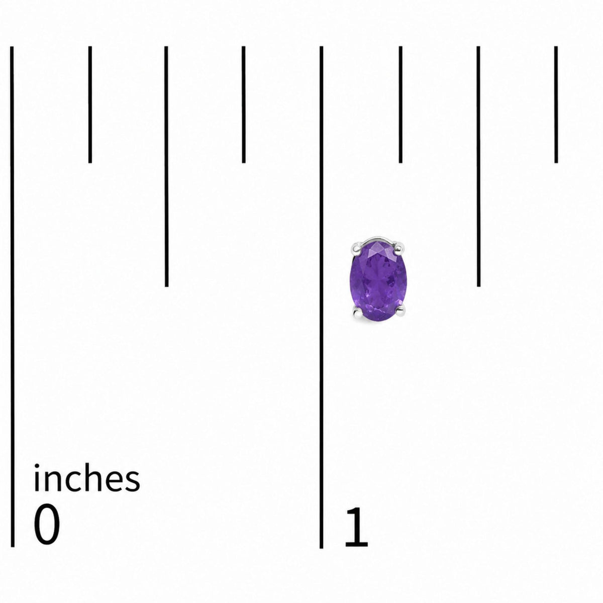 Close-up front view of oval-shaped purple gemstone stud earrings set in white metal, shown on a scale marked in inches.