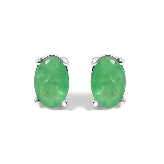 Sterling Silver 1.20 Cttw Oval Green Emerald Solitaire Stud Earrings