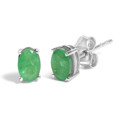 Sterling Silver 1.20 Cttw Oval Green Emerald Solitaire Stud Earrings