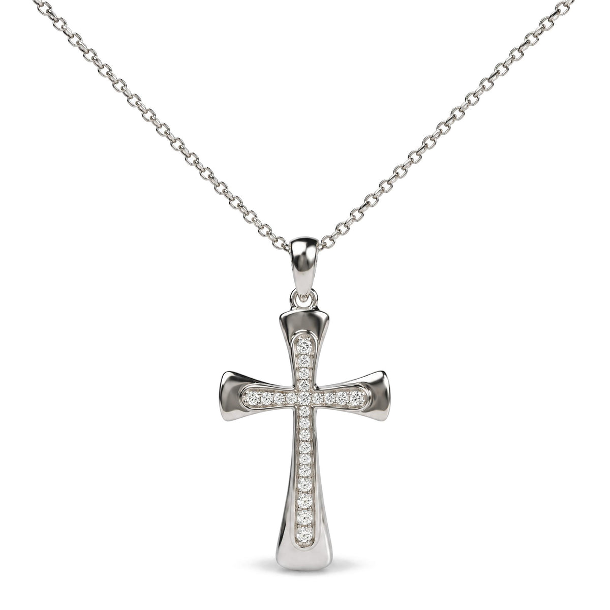 Close-up front view of a white necklace with a cross-shaped pendant adorned with round white gemstones in a prong setting.