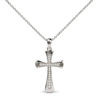Close-up front view of a white necklace with a cross-shaped pendant adorned with round white gemstones in a prong setting.