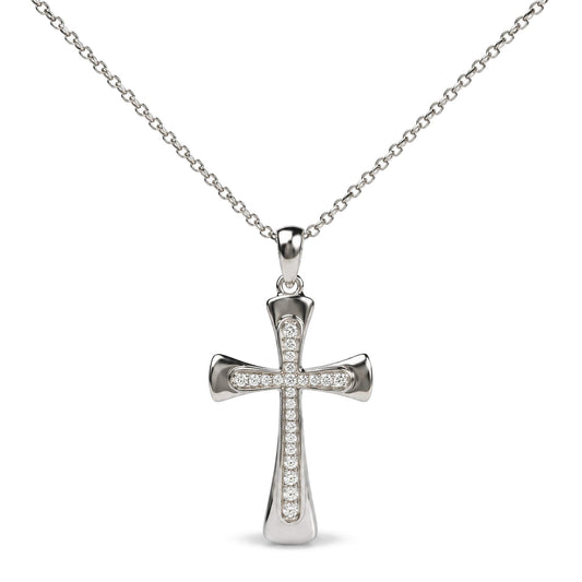 Front view of a .925 sterling silver cross pendant necklace with rows of round gemstones on a chain against a white background