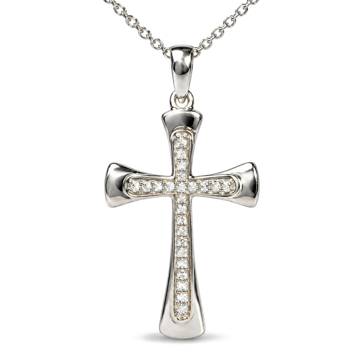 Close-up front view of a white metal cross necklace with a vertical and horizontal row of small round white gemstones in prong settings, shown on a chain against a white background.