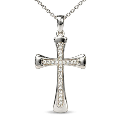 Close-up front view of a white metal cross necklace with a vertical and horizontal row of small round white gemstones in prong settings, shown on a chain against a white background.