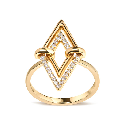 Front angle view of a yellow ring with a geometric design featuring round white gemstones in a pave setting.