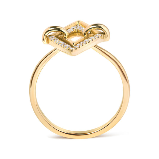 Yellow metal ring with a square-shaped top featuring white round gemstones in a pave setting, shown from the front angle.