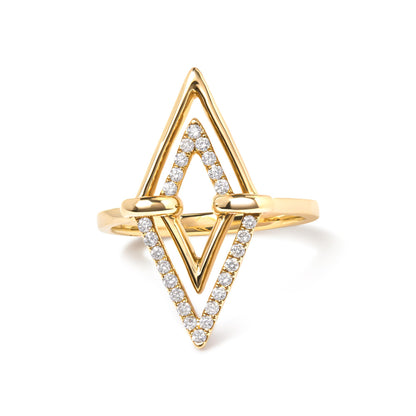 Yellow metal ring with a geometric design featuring round white gemstones in a pave setting, shown from the front angle on a white background.