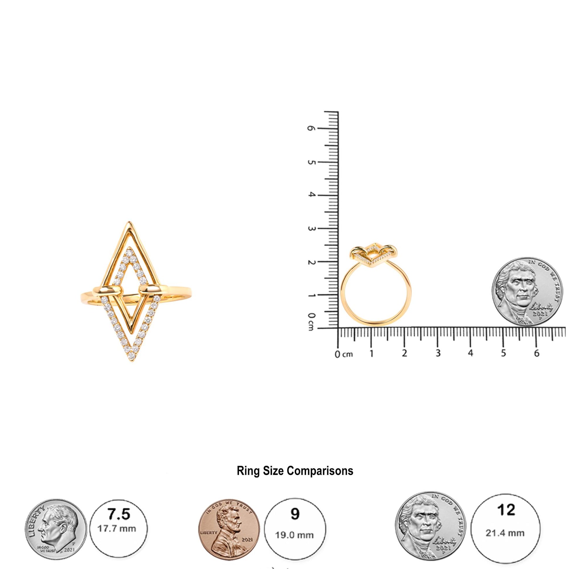 Top and side views of a yellow ring with a geometric design outlined with white round gemstones in a pave setting, placed next to a ruler and coins for size reference.
