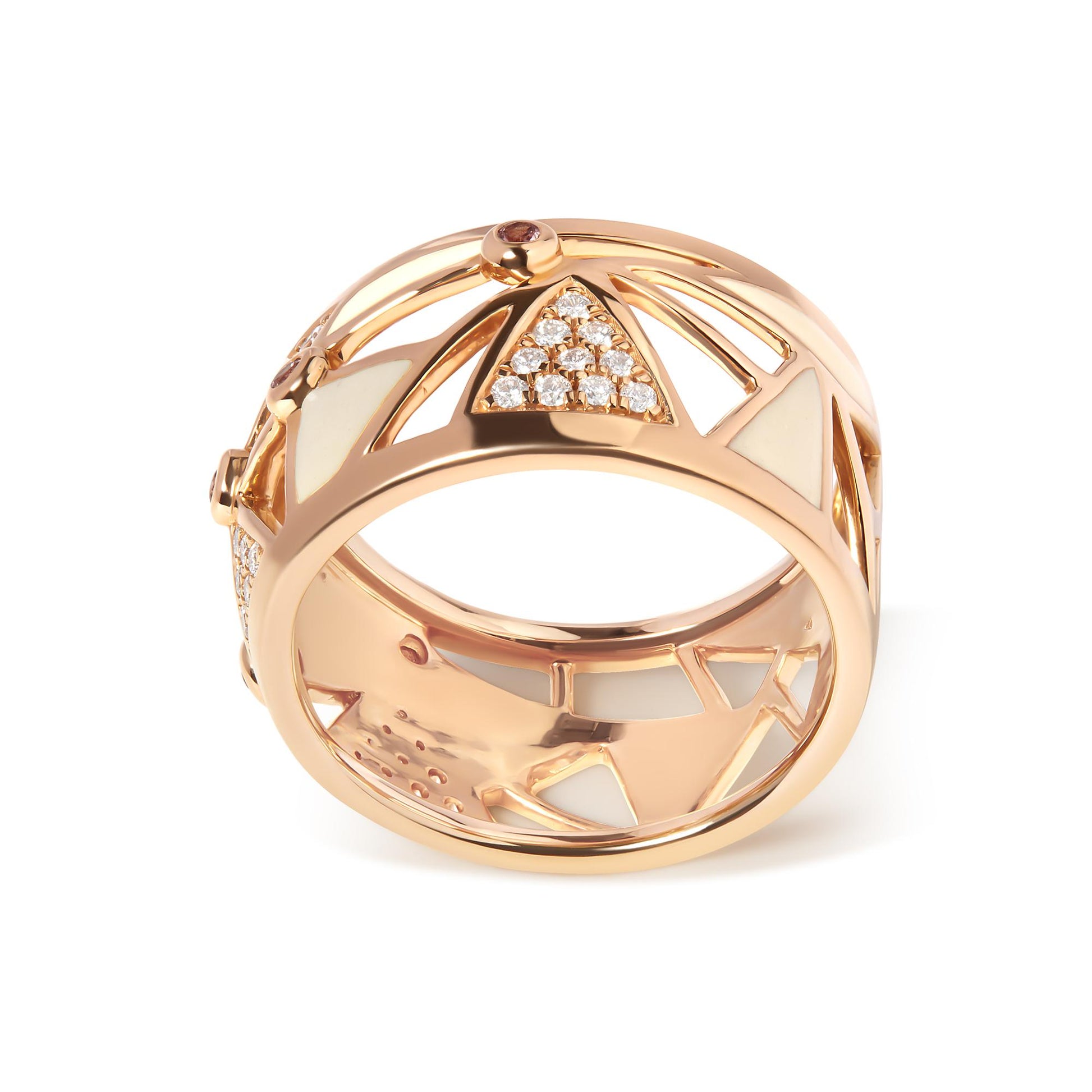 Rose metal band ring with open geometric cutouts, white round gemstones in pave setting in triangular clusters, and bezel-set pink round gemstones, shown at an angle.