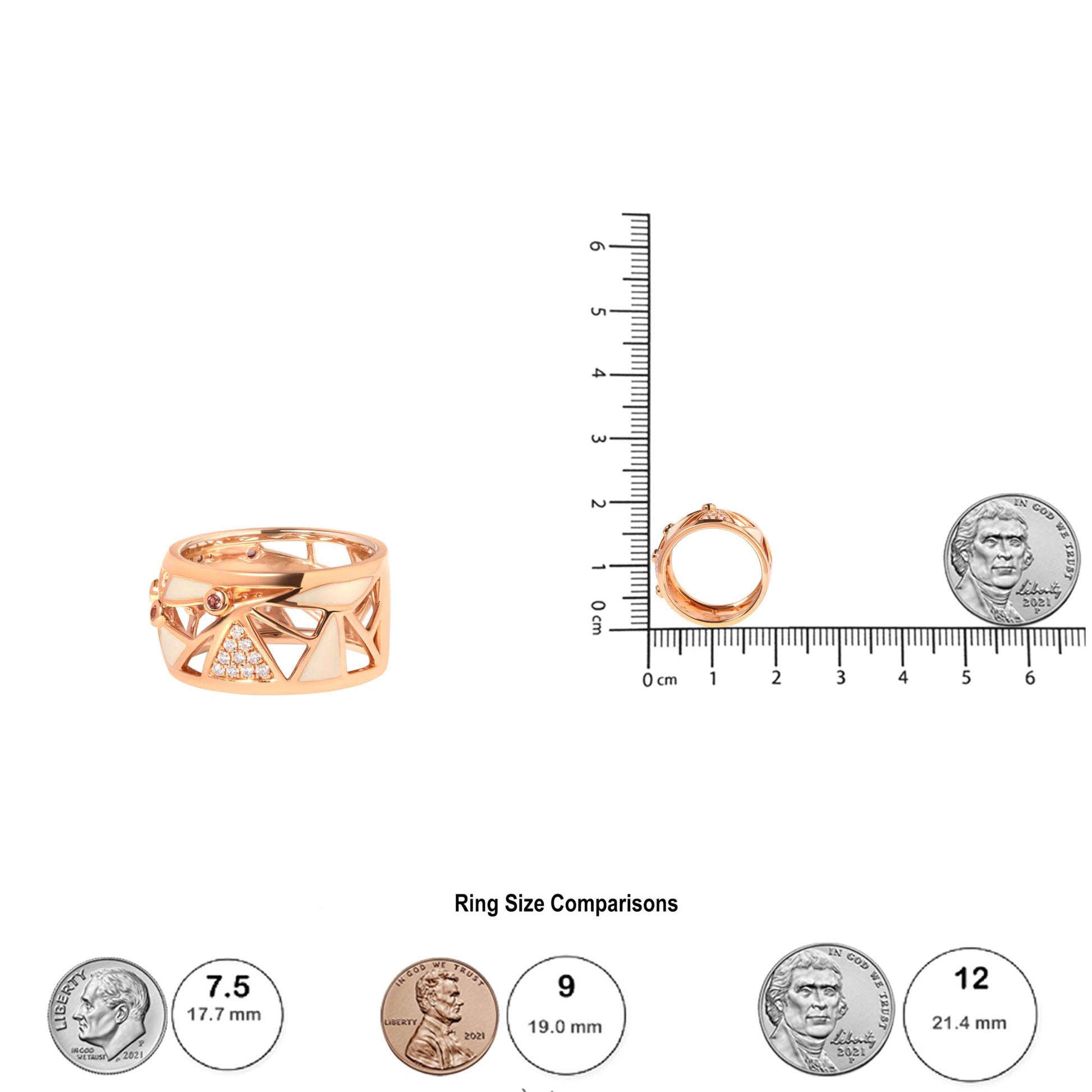 Rose-colored ring with open geometric design, adorned with round white gemstones in pave setting and round pink gemstones in bezel setting, shown from front and side angles, placed next to a ruler and coins for size reference.