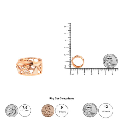 Rose-colored ring with open geometric design, adorned with round white gemstones in pave setting and round pink gemstones in bezel setting, shown from front and side angles, placed next to a ruler and coins for size reference.