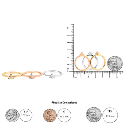 Front and side view of three rings in yellow, rose, and white metal with triangular settings featuring white round gemstones in pave setting, shown on a scale and next to coins for size comparison.