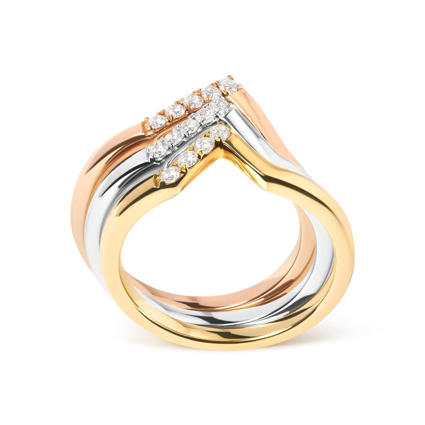 Three stacked rings in yellow, white, and rose metal colors with round white gemstones in a pave setting, shown from a front angled view.