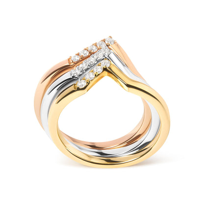 Three stacked rings in yellow, white, and rose metal colors with round white gemstones in a pave setting, shown from a front angled view.