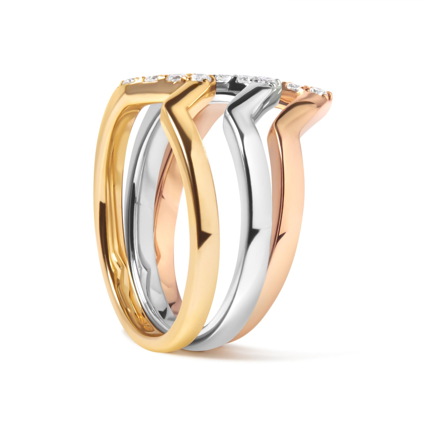 Three rings in yellow, white, and rose metal colors shown upright from a front angle with a row of white round pave-set gemstones on the top edge of each band.