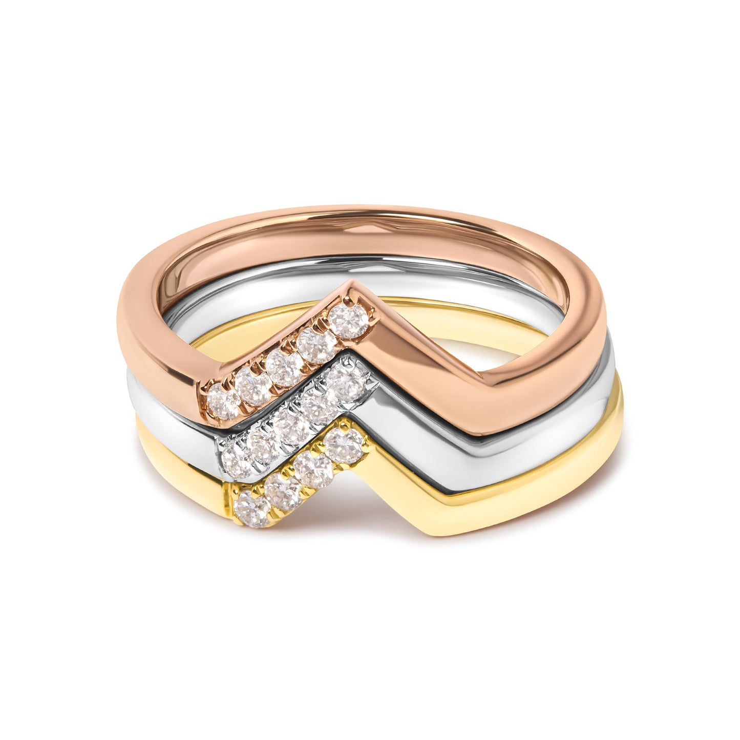 Stacked yellow, white, and rose metal rings with round white gemstones in a pave setting, shown from a front angle.