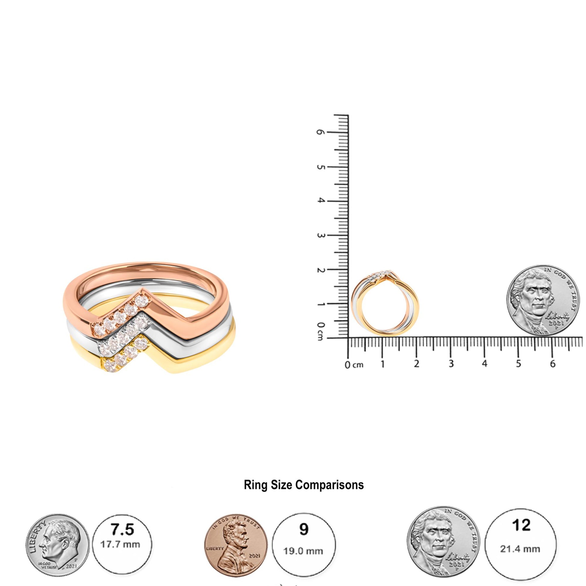 Alt view of three stacked rings in yellow, white, and rose metal colors with white round pave-set gemstones, shown next to a ruler and coins for size reference.