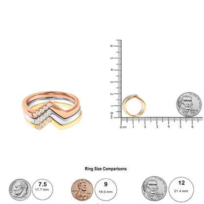 Alt view of three stacked rings in yellow, white, and rose metal colors with white round pave-set gemstones, shown next to a ruler and coins for size reference.