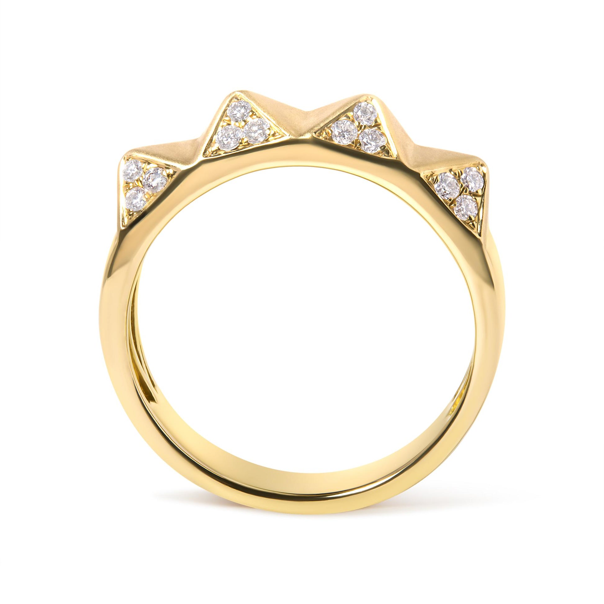 Yellow metal ring with four raised triangular sections set with white round gemstones in a pave setting, front-facing angle.