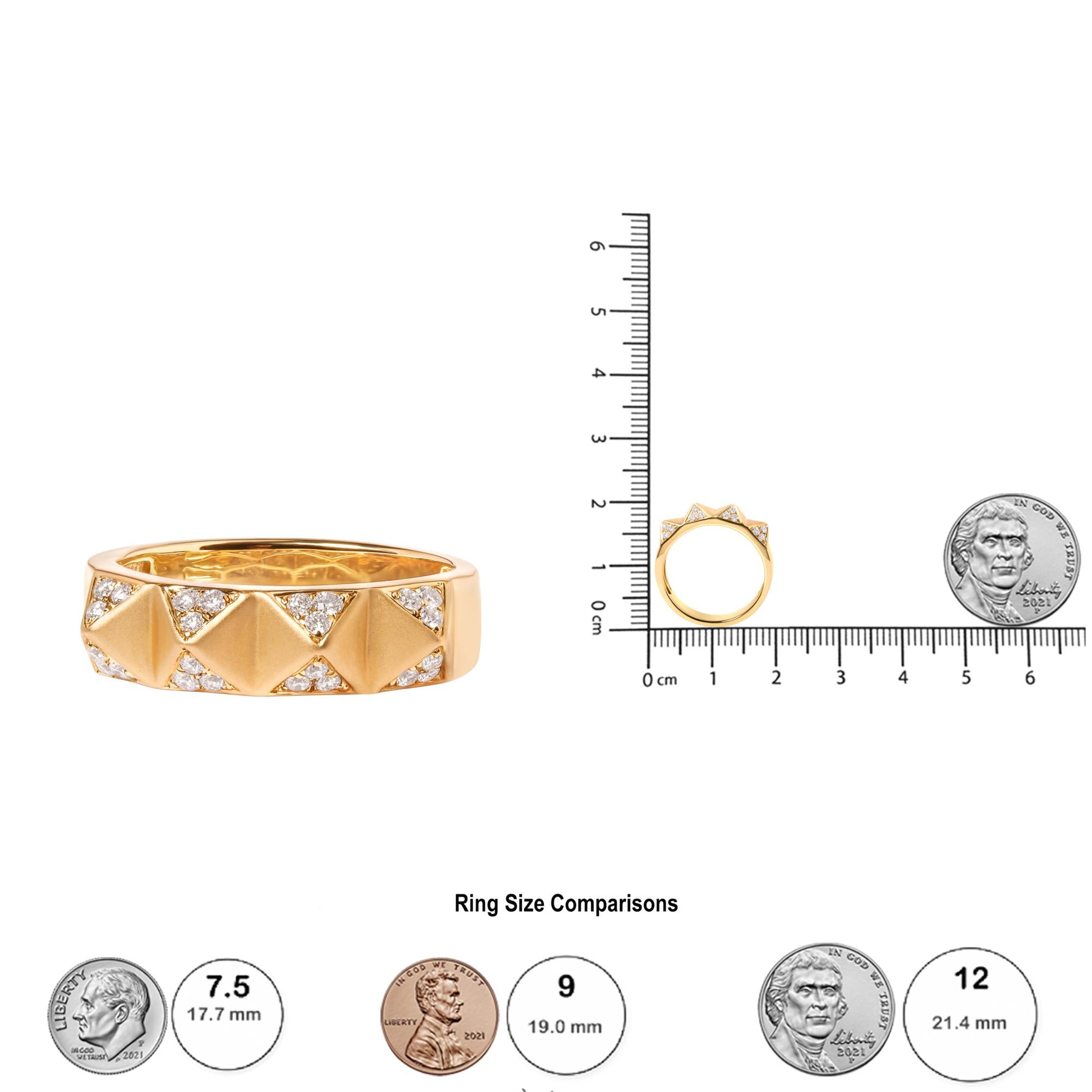Yellow ring with pyramid-shaped segments and small white gemstones in pave setting, shown in front and side views on a ruler for size reference.