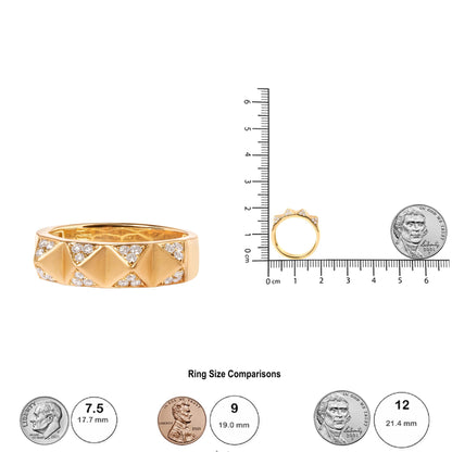 Yellow ring with pyramid-shaped segments and small white gemstones in pave setting, shown in front and side views on a ruler for size reference.