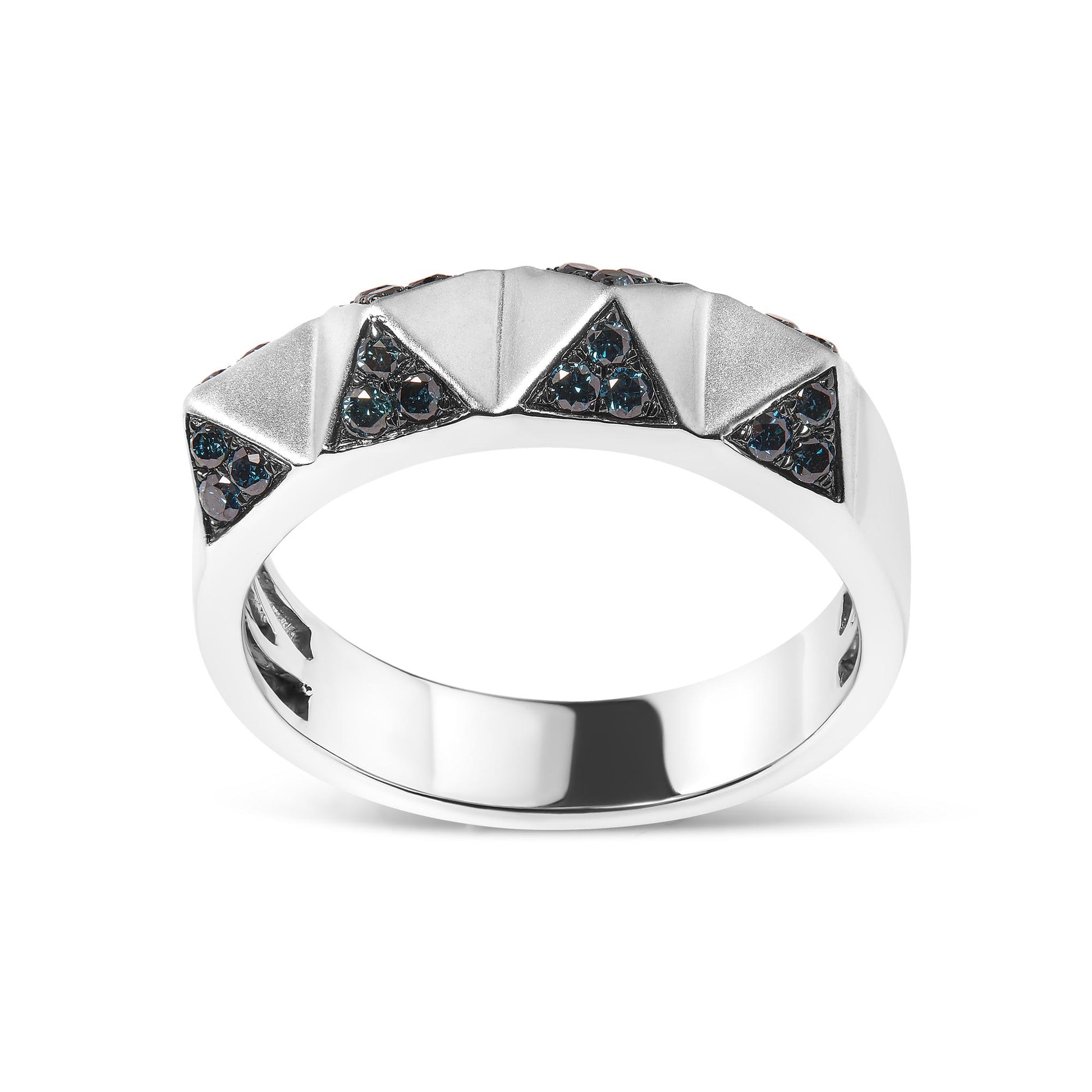 White metal ring with triangular raised patterns, each set with small blue round gemstones in pave setting, shown from a front angle.