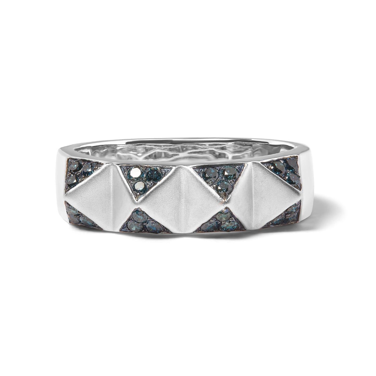 White metal ring with raised pyramid shapes alternating with clusters of small round blue gemstones, shown in a front-facing close-up shot.
