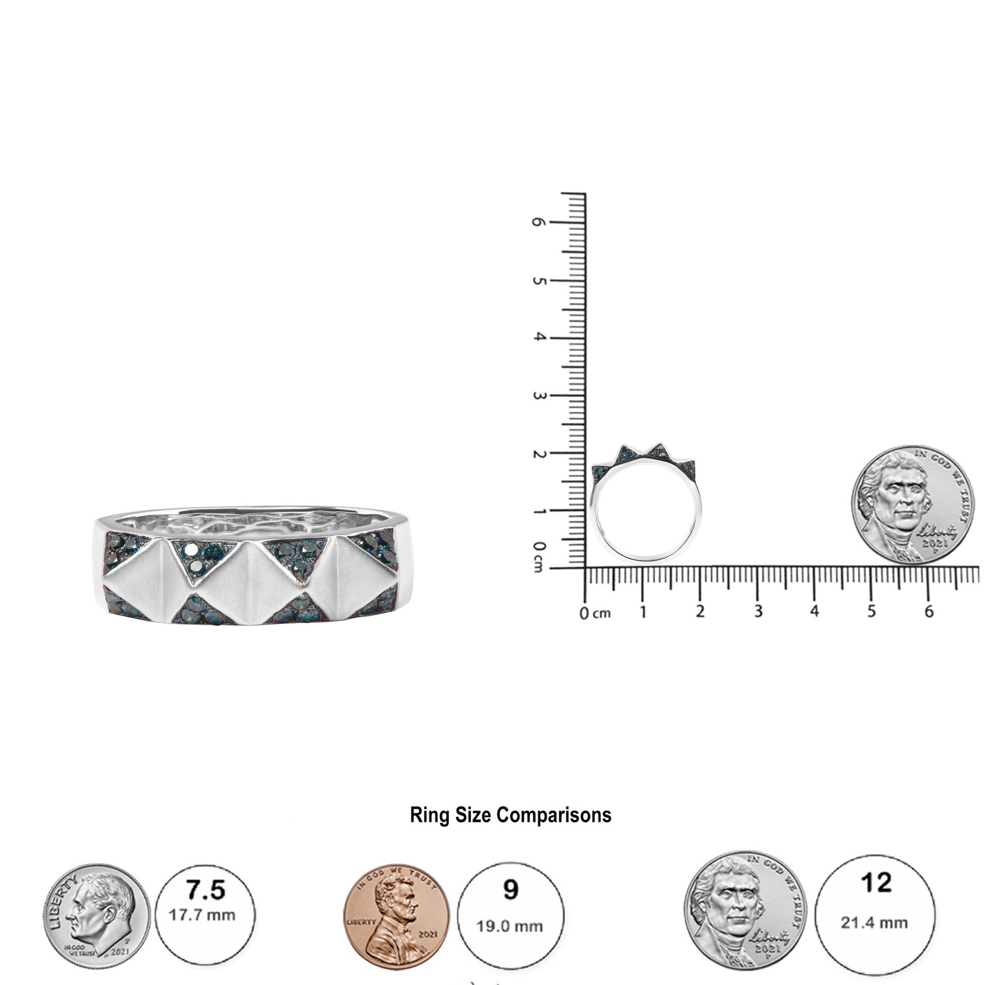 White ring with pyramid-shaped accents and blue round pave-set gemstones, shown in a front view and side view on a ruler and scale for size reference.