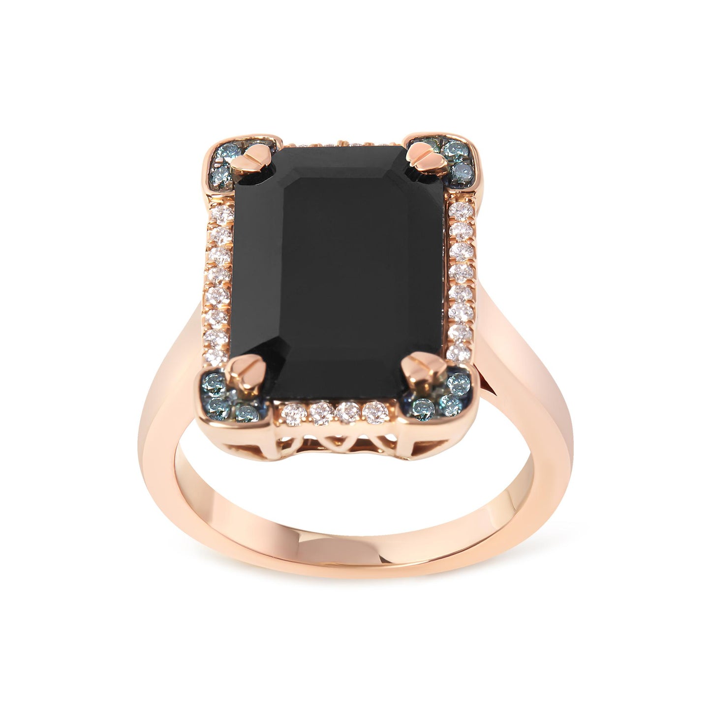 Front-facing view of a rose-colored metal ring featuring a large black rectangular gemstone with four prongs, surrounded by white and blue round pave-set gemstones.