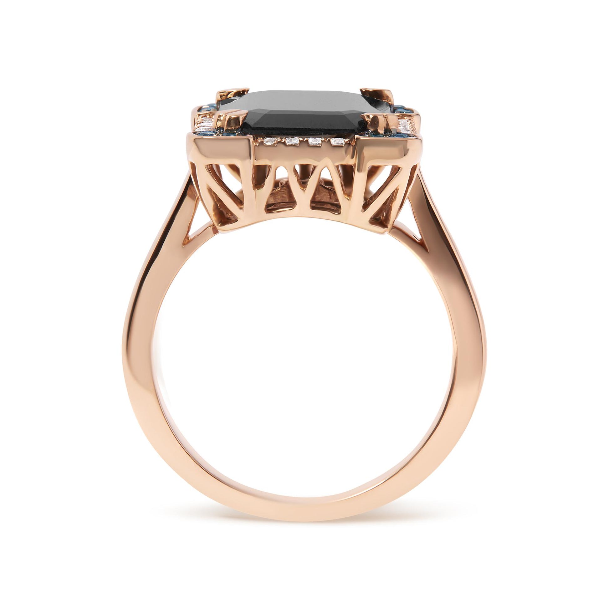 Side view of a rose-colored ring with a black emerald-shaped gemstone in a four-prong setting, surrounded by small white and blue round pave-set gemstones.