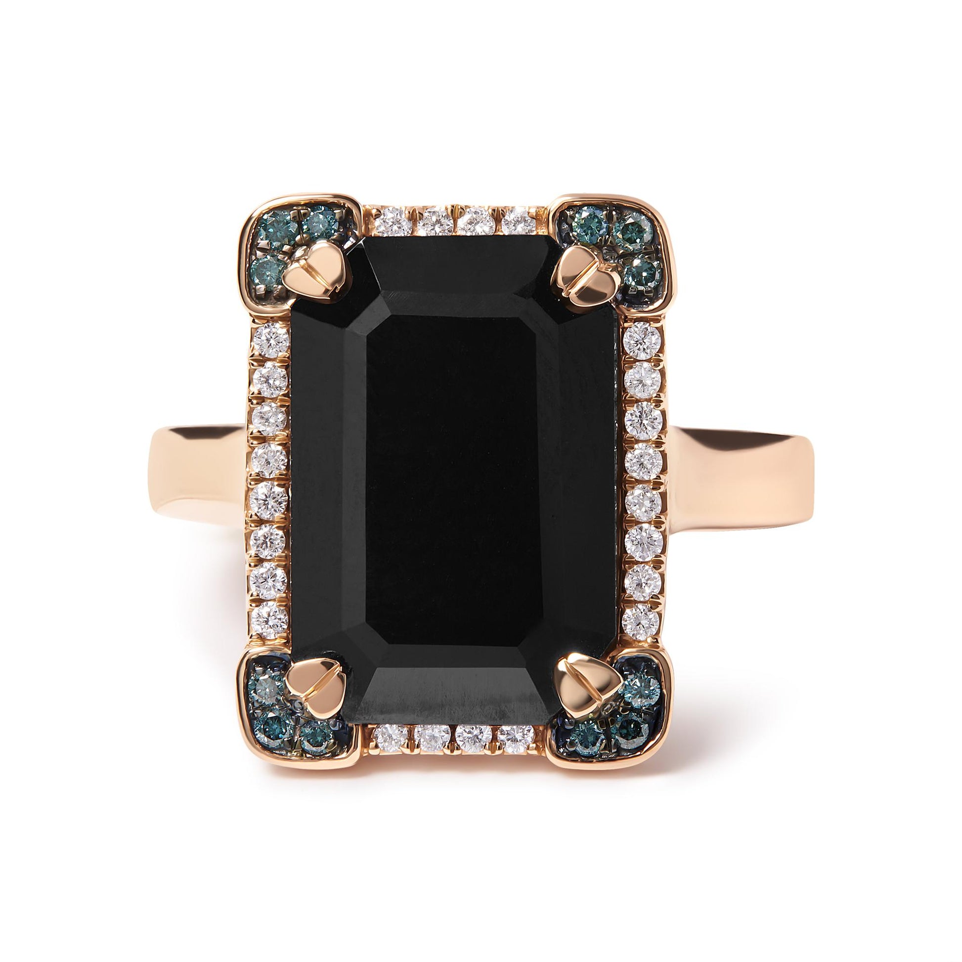Front-facing rose metal ring with a large black emerald-shaped gemstone in a four-prong setting, surrounded by white round pave-set gemstones and clusters of blue round pave-set gemstones in each corner.