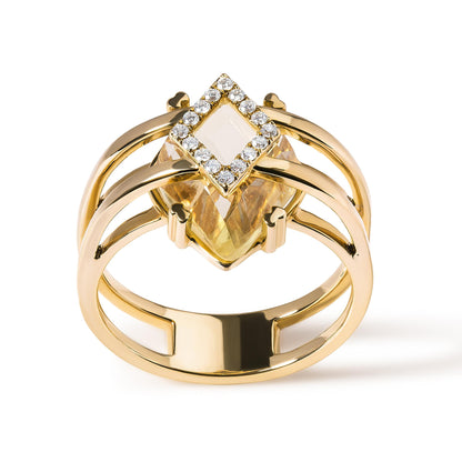 Front angled view of a yellow metal ring featuring a marquise-shaped yellow gemstone in a prong setting, surrounded by round white gemstones in a pave setting.
