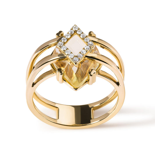 Front angled view of a yellow metal ring featuring a marquise-shaped yellow gemstone in a prong setting, surrounded by round white gemstones in a pave setting.