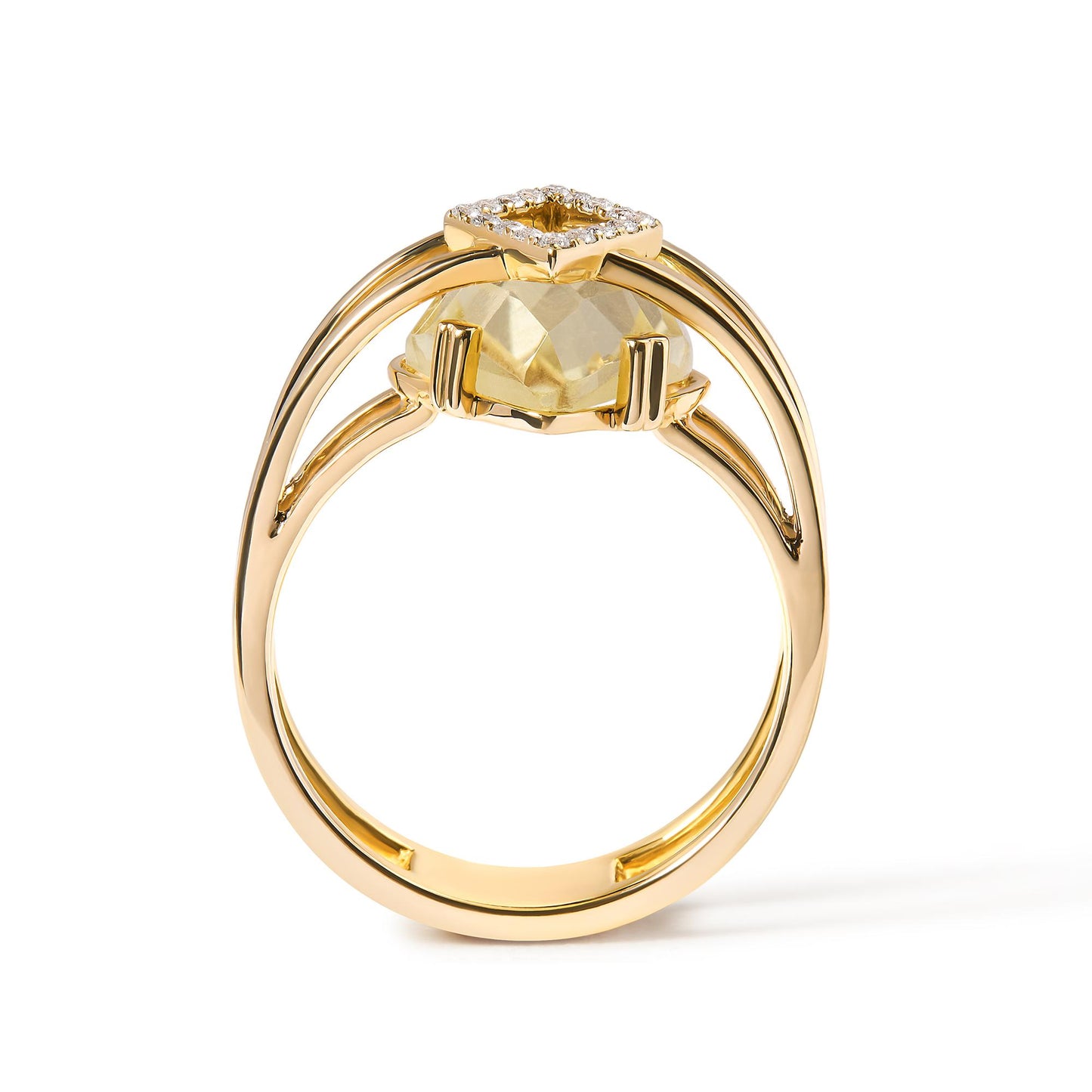 Side view of a yellow metal ring featuring a marquise-shaped yellow gemstone in prong setting and a square cluster of round white gemstones in pave setting on top.